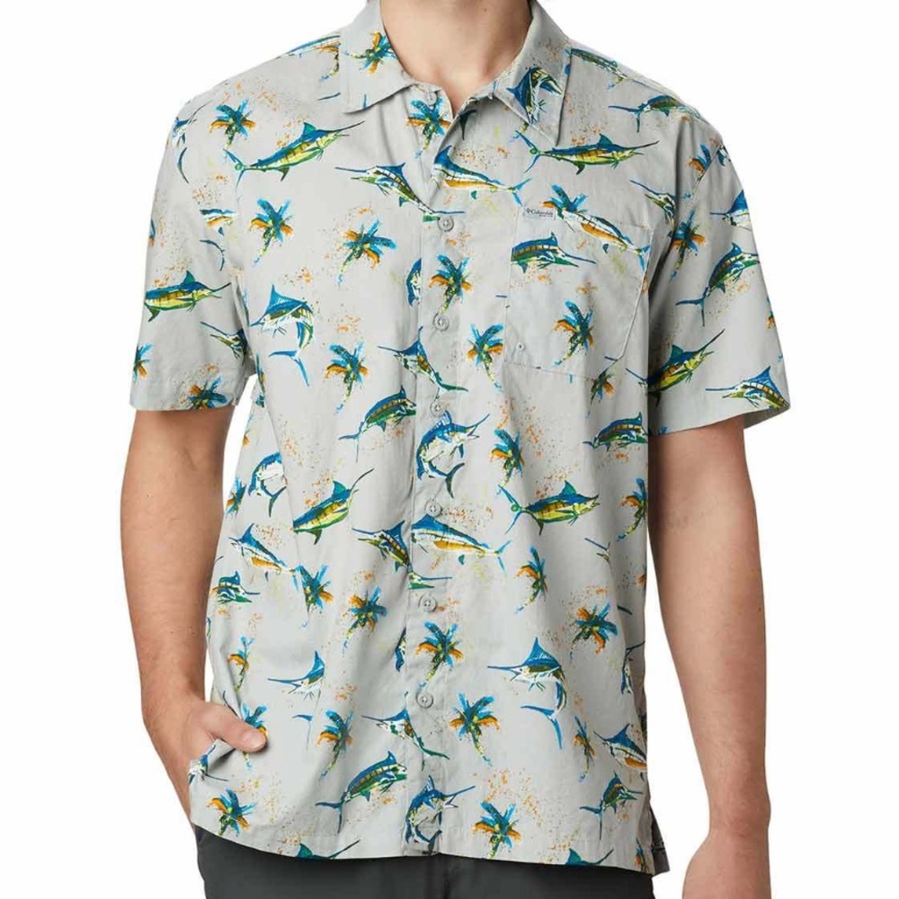 Columbia PFG Button Down Short Sleeve Fishing Shirt Men’s 2XL XXL Blue Marlins